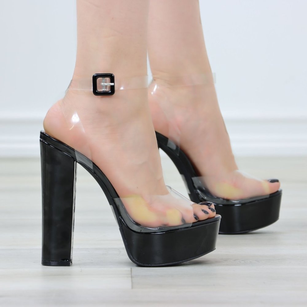 Black Patent Platform High Heels Clear Toe Ankle Strap Heeled Sandal - Picture 6 of 12